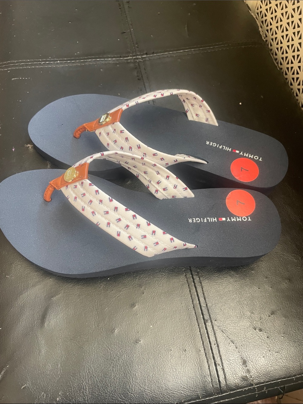 Tommy Hilfiger Navy Blue Flip Flops with White Patterned Straps